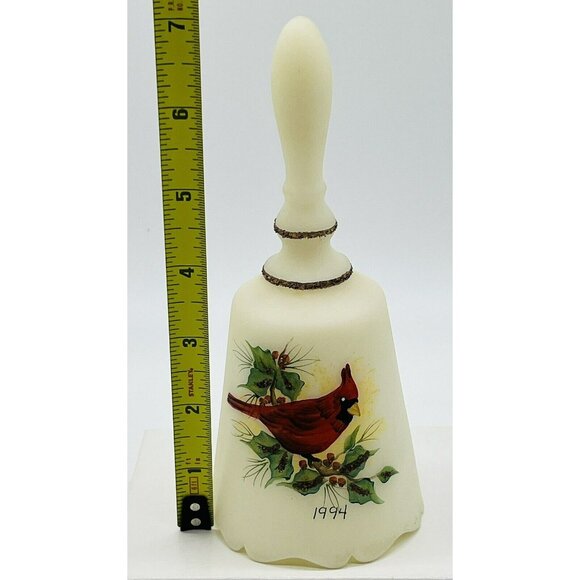 Fenton Satin Ivory Glass Bell Cardinal Holly Hand Painted 1994 S Jackson Signed - Picture 9 of 9